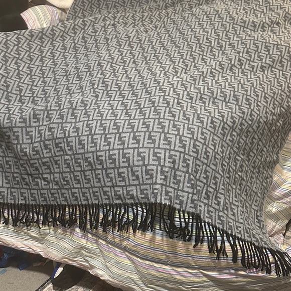 Fendi Other - Fendi Gray and Cream Monogram Fringe Throw Blanket